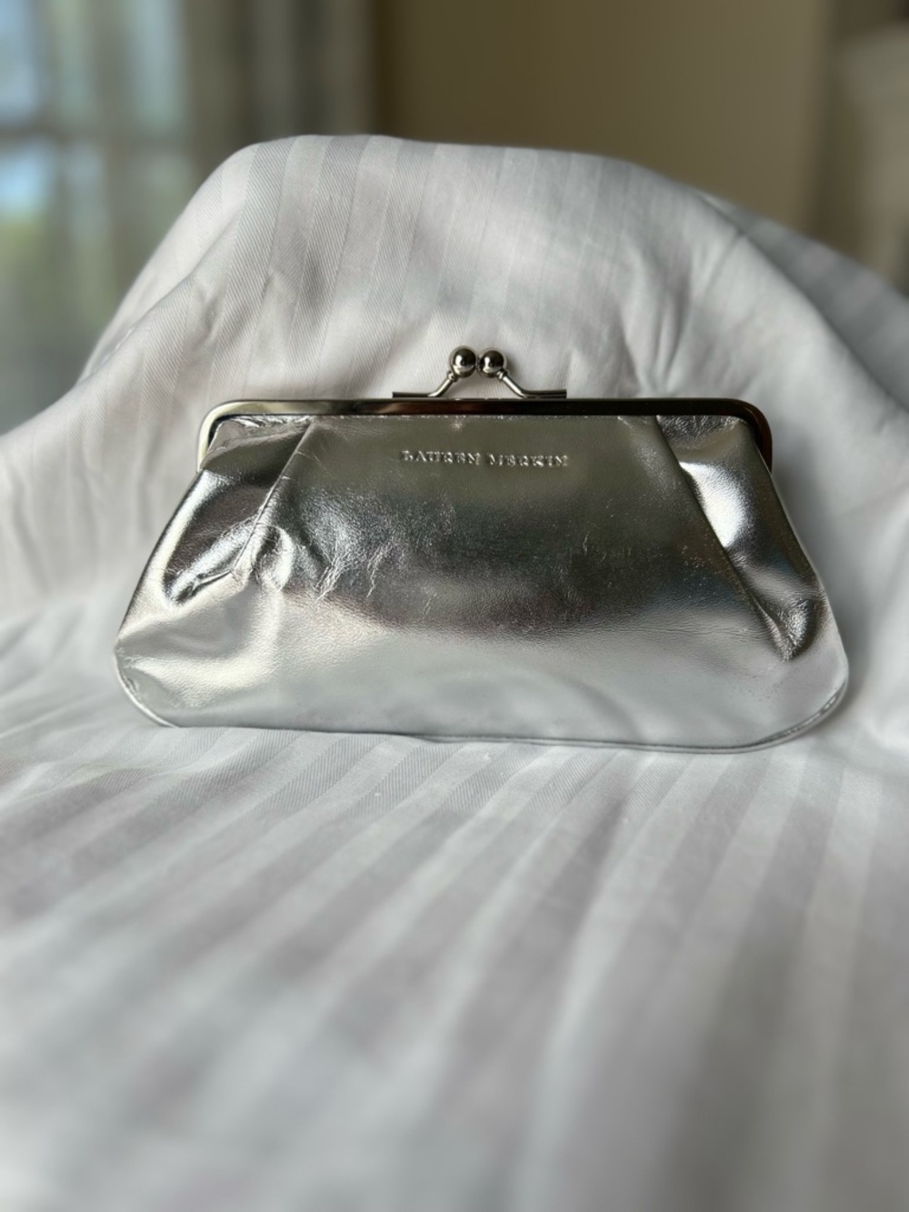 Lauren Merkin Silver Metallic Frame Clutch Evening Bag